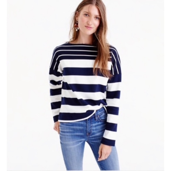 Nautical Stripes Long Sleeve J Crew Boat Neck Top Navy Blue White Striped - Picture 2 of 16